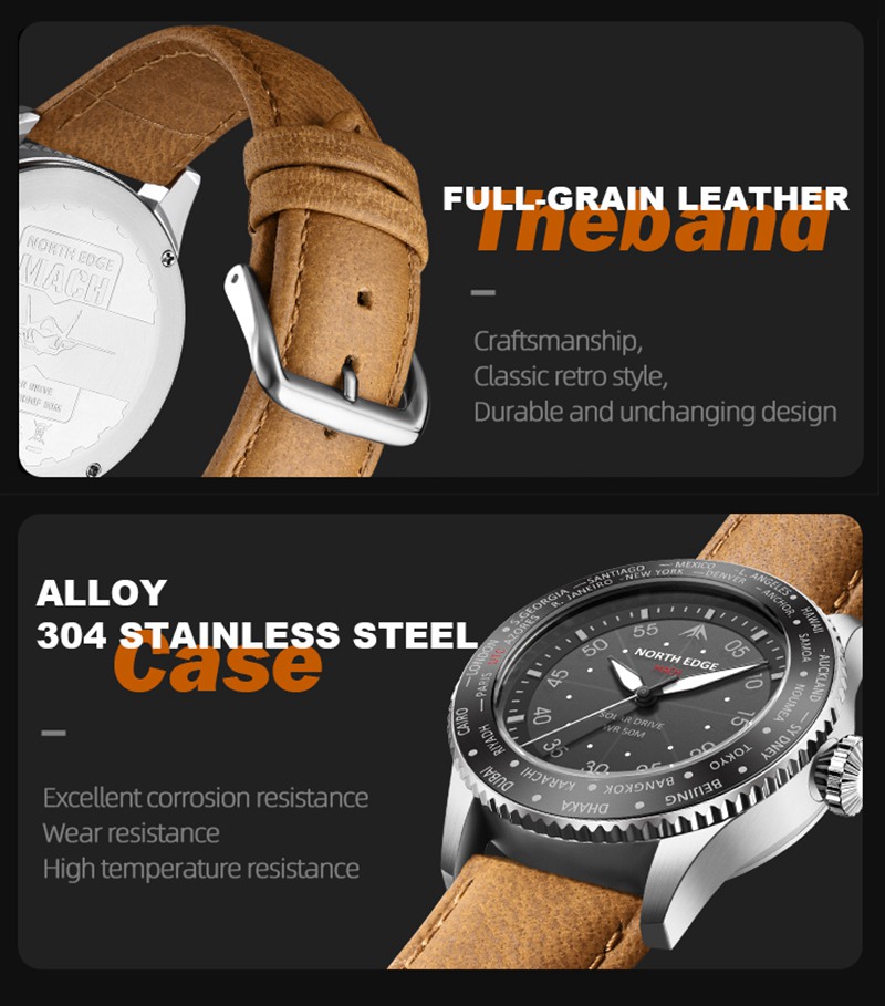 MACH Solar Timepiece with Luxurious Brown Full-Grain Leather Strap